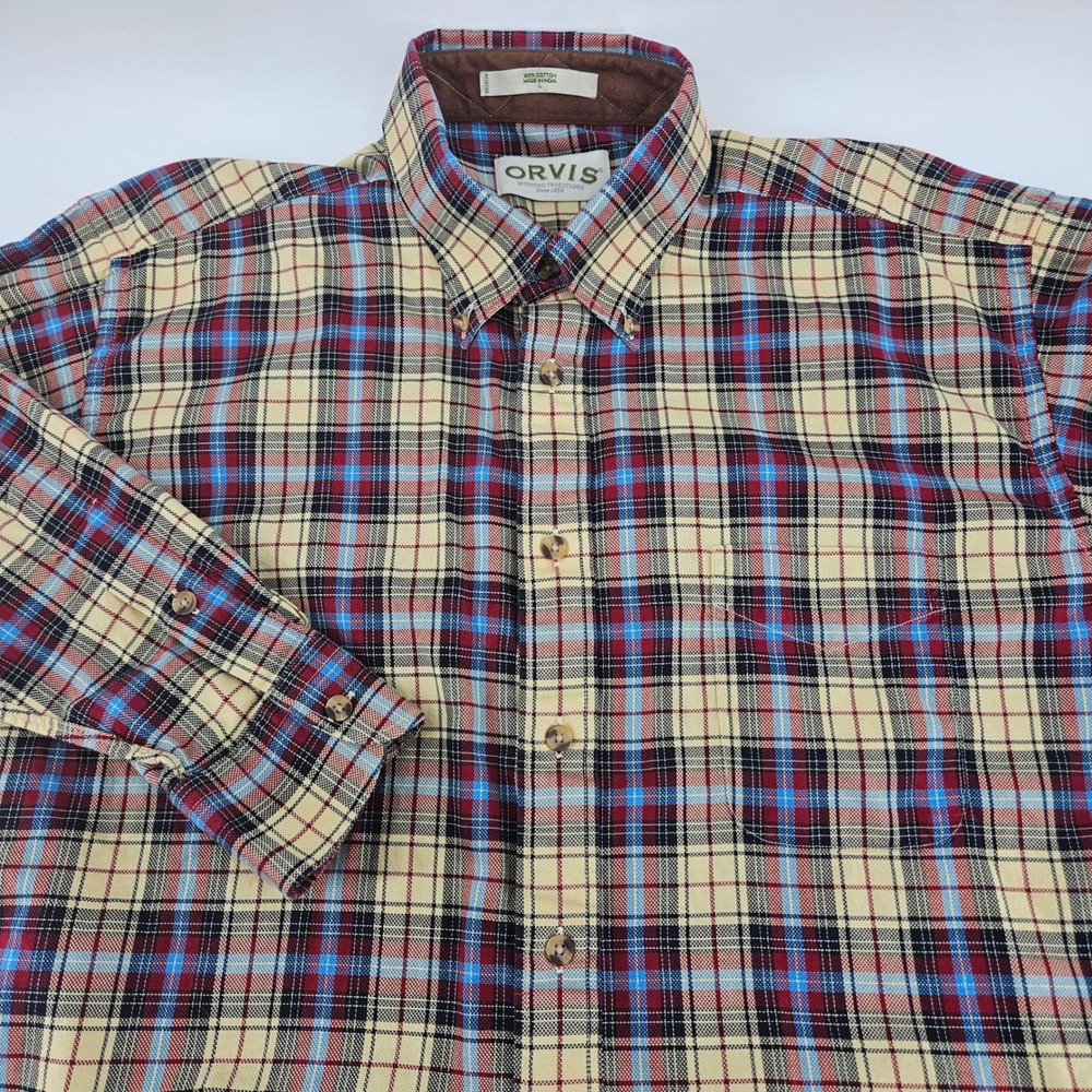 Orvis Mens Large Yellow Red Blue Plaid Cotton Button Down Shirt Sporting Trad
